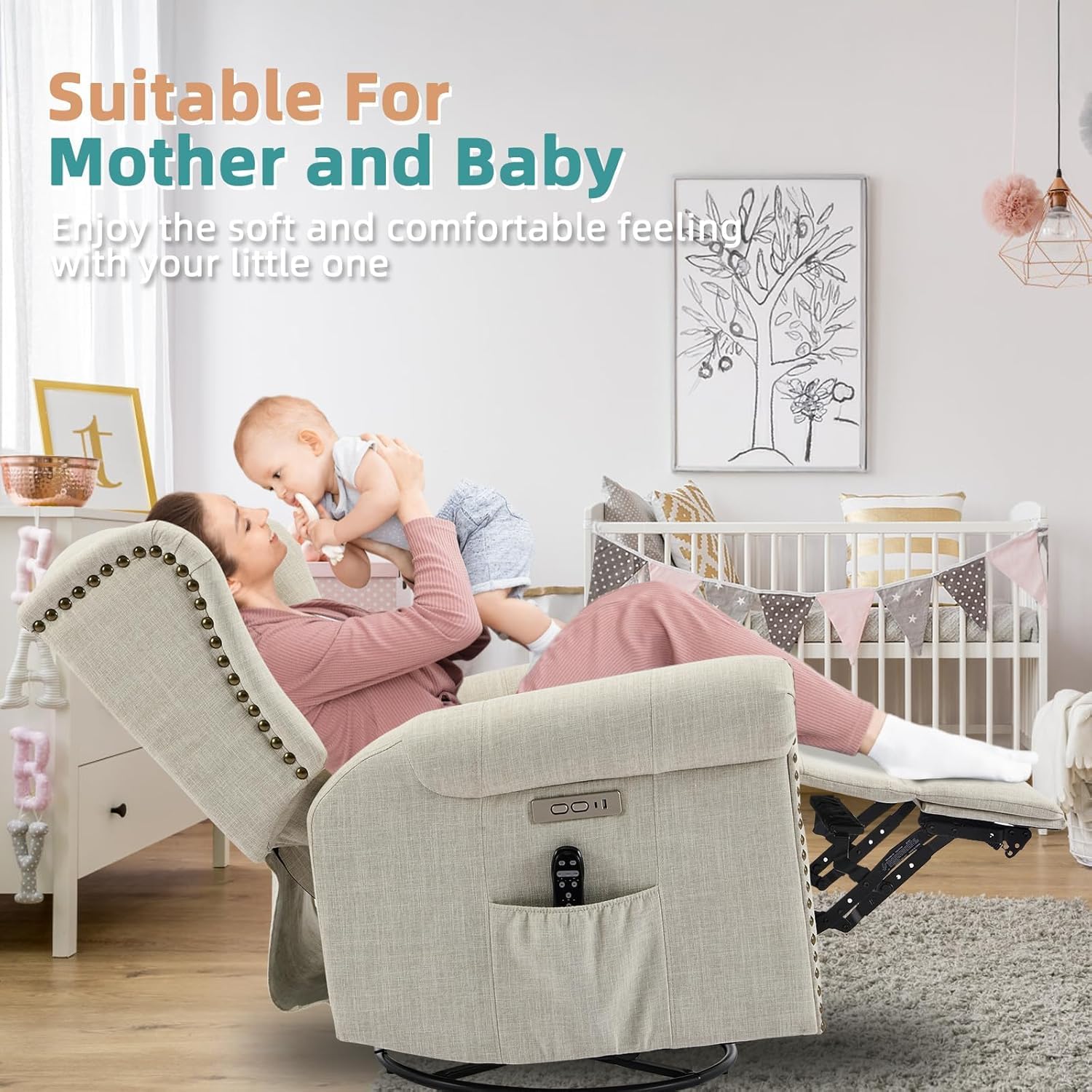 MEETWARM Power Swivel Rocking Glider Recliner Chair with Heat and Vibration, Electric Rocker Nursery Reclining Chair, Wingback Tufted Upholstered Recliner w/Type-C & USB Ports for Living Room (Beige)