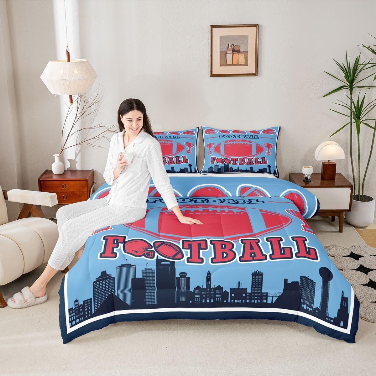 Erosebridal Football Comforter Set Toddler Size,Red Blue Football City Bedding for Sports Fans,Boys Rugby Quilt with 1 Pillow Case Bedroom Decor,Ball Competition Duvet Insert(Red Blue Black)