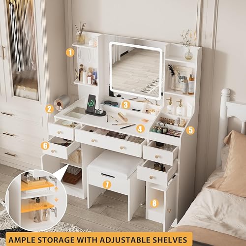 Miniatura 3 de Escritorio de tocador con espejo y luces, mesa de tocador de maquillaje con estación de carga, juego de tocador de 45 pulgadas con banco cómodo,