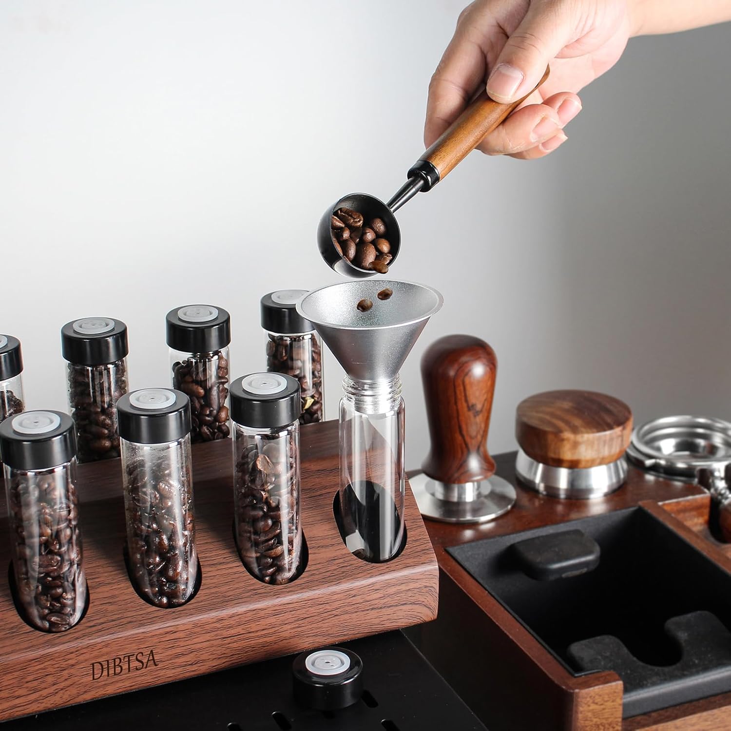 DIBTSA Coffee Bean Cellars, 12 Single Dose Espresso Beans Storage Container Tubes with One-Way Exhaust Valve, Display Stand and Mini-hopper