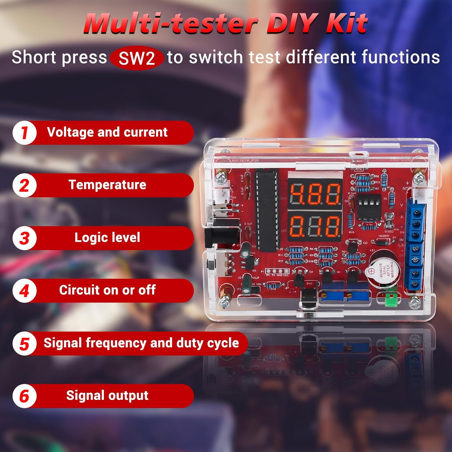 The assembled MiOYOOW Multi-tester DIY Kit displaying its six primary functions: Voltage and Current, Temperature, Logic Level, Circuit On or Off, Signal Frequency and Duty Cycle, and Signal Output.