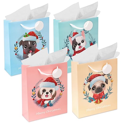 Christmas Gift Bags - Sturdy Paper Gift Bags with Tissue Paper, Tag and Handle 12.6"x10.2" - Holiday Puppy Dogs Design - Ideal for Party Favors and Gifting this Christmas Holiday Season (Medium, Set of 4)