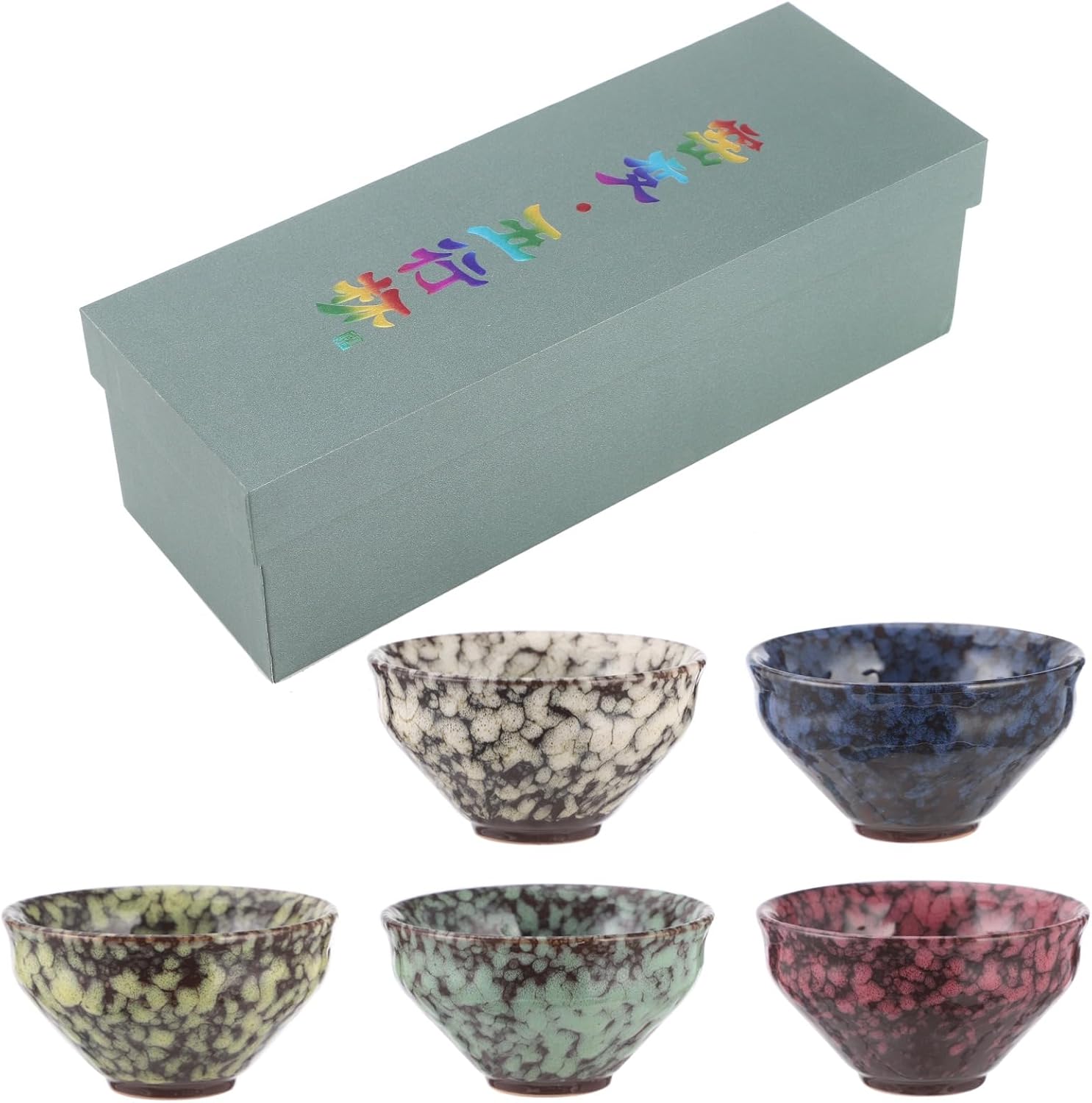 Ceramic Tea Cup Set, 3.7oz Chinese Tea Cups with Designed Gift Box, Multicolor Gaiwan Tea Tasting Cups with Kiln Change Glaze, Portable Small Tea Bowl for Home Office Wedding Gifts, 3.3 x 1.4 in