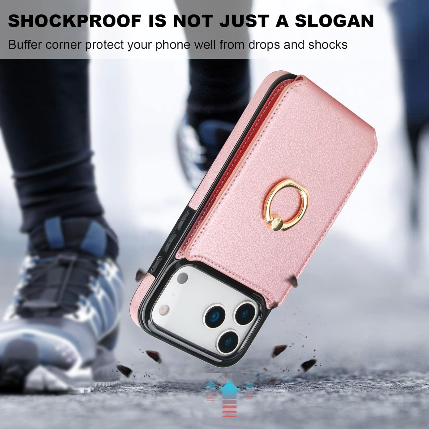 Folosu Compatible with iPhone 17 Pro Max Case Wallet with Card Holder, 360°Rotation Finger Ring Holder Kickstand, RFID Blocking Leather Protective Double Buttons Shockproof Cover 6.9 Inch Rose Gold
