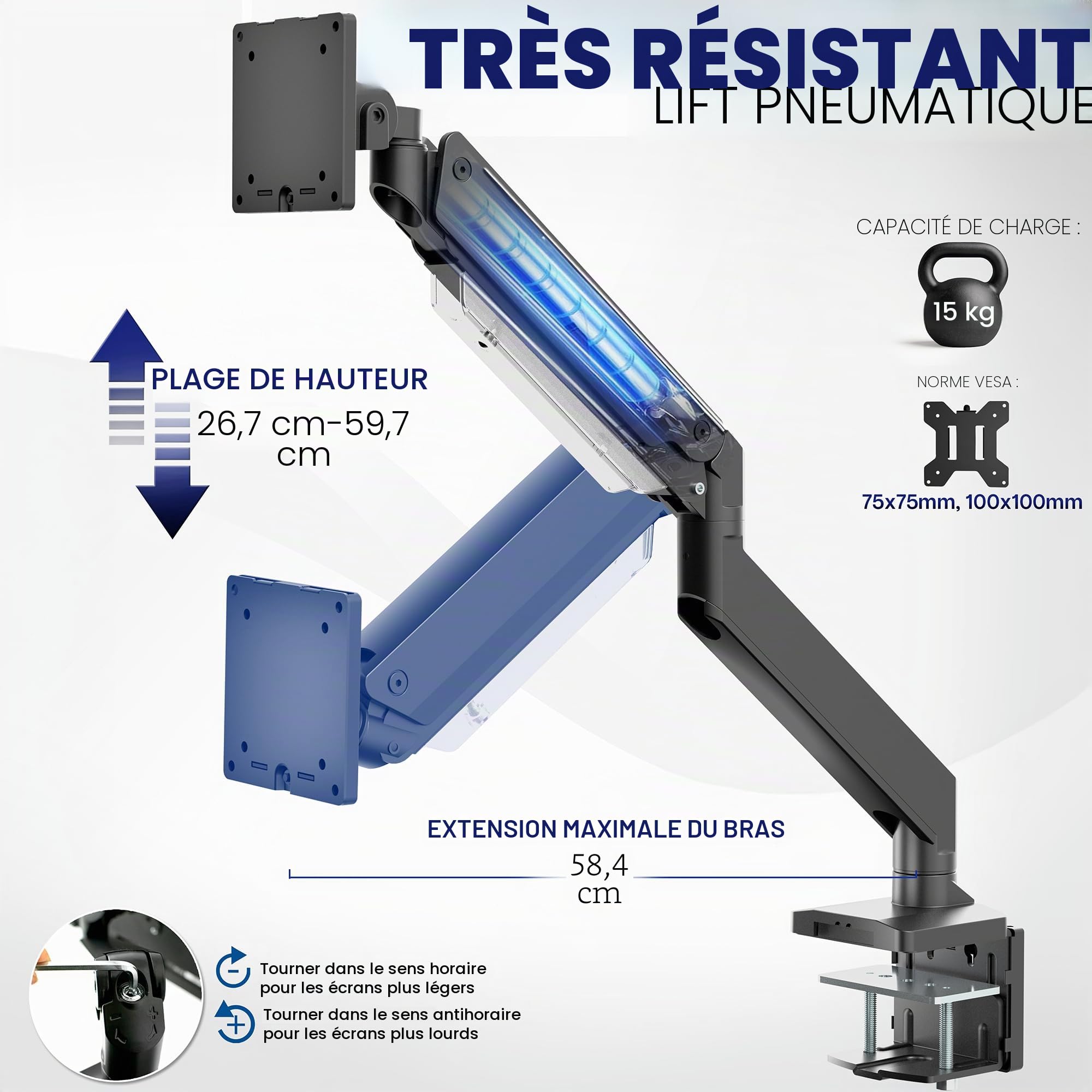 VIVO STAND-V101G1 Bras de Moniteur Robuste en Aluminium de qualité supérieure pour écrans Ultra Larges jusqu'à 124,5 cm et 15 kg, Hauteur pneumatique, VESA Max 100 x 100, Noir, STAND-V101G1