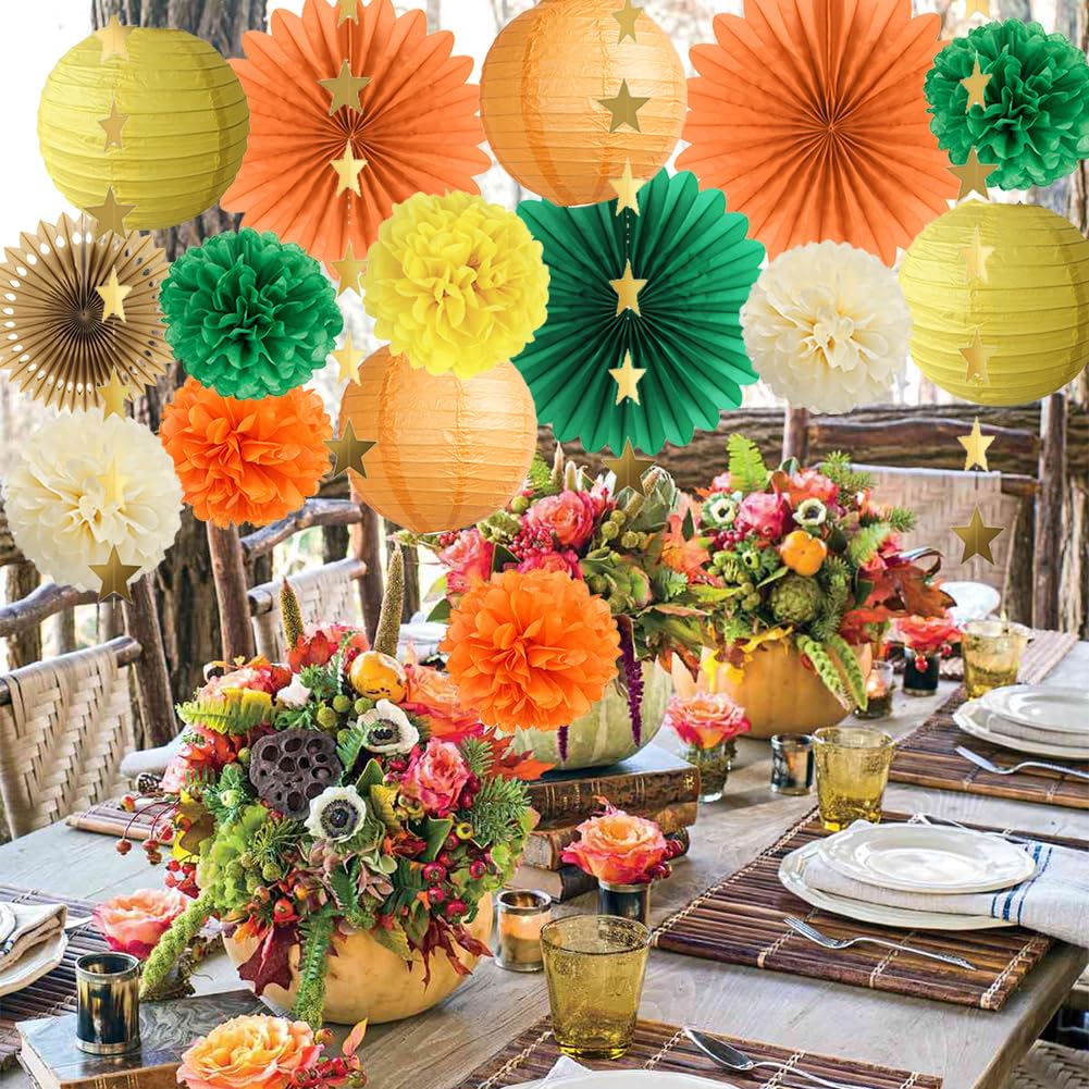 Kit Décorations Automne Suspendues Orange Marron Jaune – Pompons Lanternes Éventails Guirlande Décoration Prénatale Automne