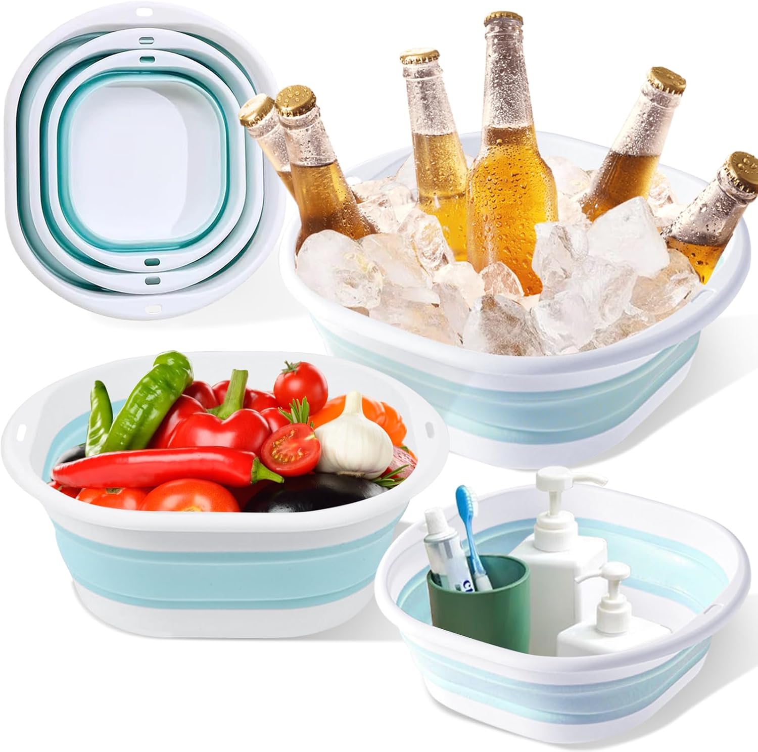 Collapsible Basin 3 Set Foldable Wash Basin Plastic Laundry Tub Space Saving Wash Tub for Dish, Fruit, Camping, Laundry, Hiking & Home (Blue)