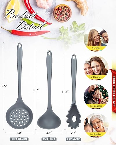 Miniatura 3 de Juego de 3 utensilios de cocina de silicona, cucharón de sopa, tenedor de pasta, cuchara de slottee, antiadherentes, sin BPA, utensilios de cocina