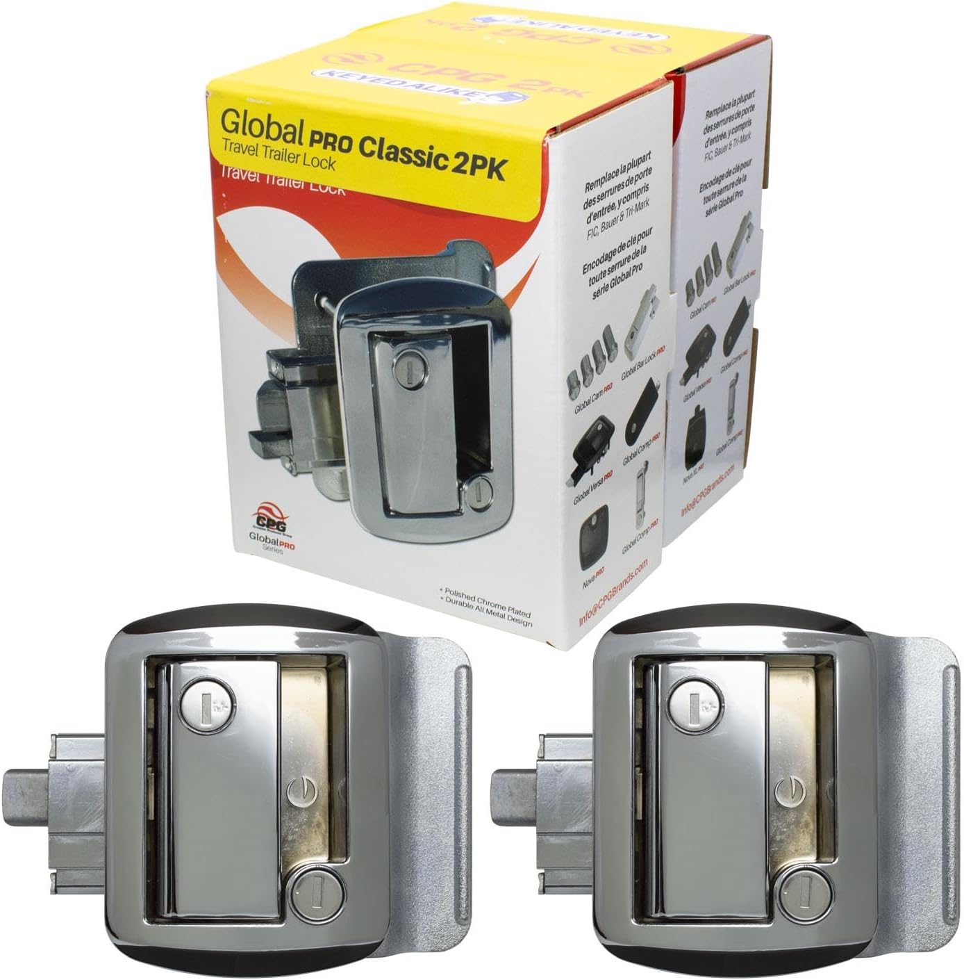 CPG 2 Chrome RV Entry Door Locks Keyed Alike RV Paddle Door Lock Camper