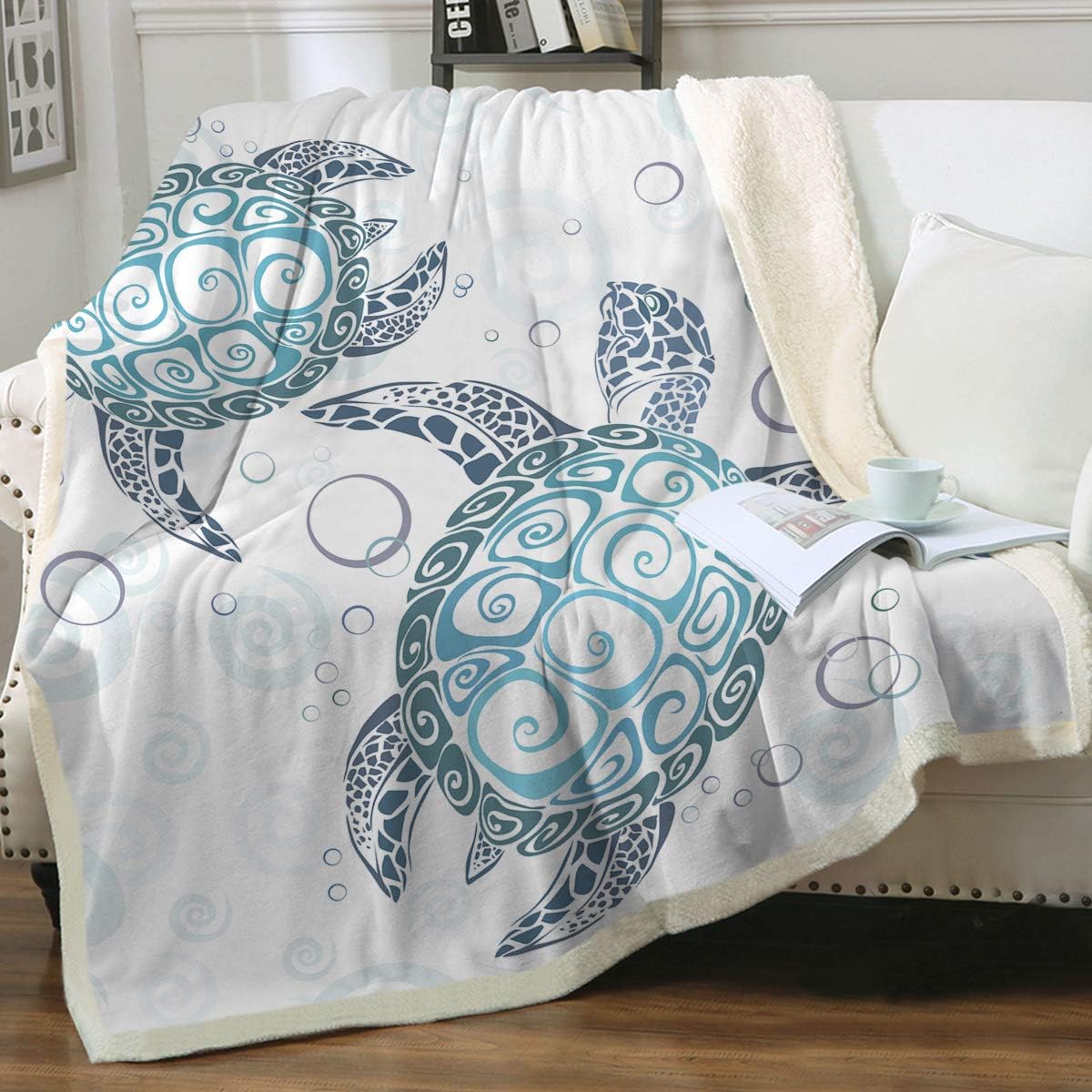 Sleepwish Sea Turtle Fleece Throw Blanket for Kids Soft Plush Aqua Blue Tortoise Sherpa Blanket for Couch Sofa Gift for Turtle Lovers, Throw (50" X 60")