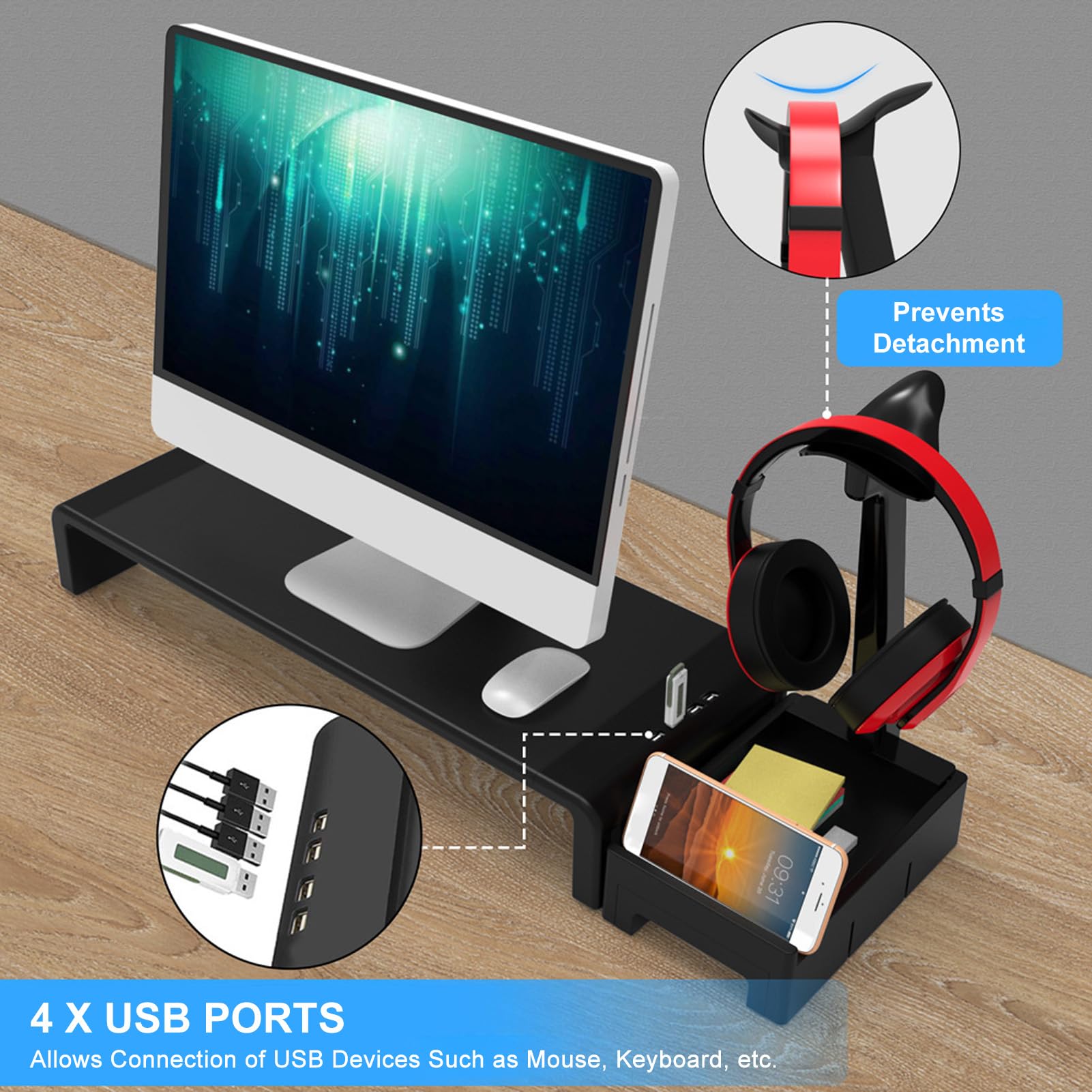 Supporto Ergonomico per Monitor di Computer con Gancio per Cuffie e Scatola di Immagazzinaggio per L'organizzazione della Scrivania 7,9x3,1x25,6 Pollici