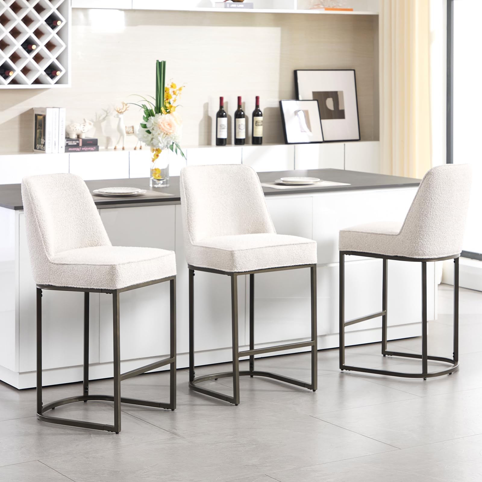 BFZ 27" H Counter Height Bar Stools Set of 3, Modern Bar Stools with High Back, Black Metal Frames, Fabric Upholstered Armless Barstools for Kitchen