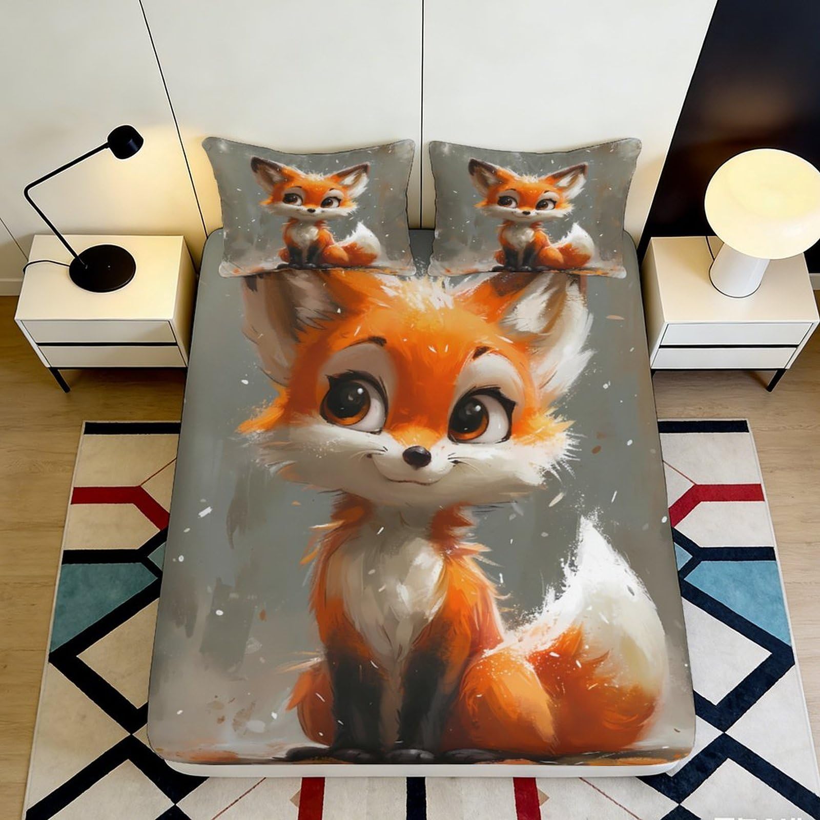 3D Printed Cute Fox Fitted Sheet Microfiber Soft Breathable Cartoon Animal Mattress Cover for Bedroom Dorm Decor 120x200x25cm