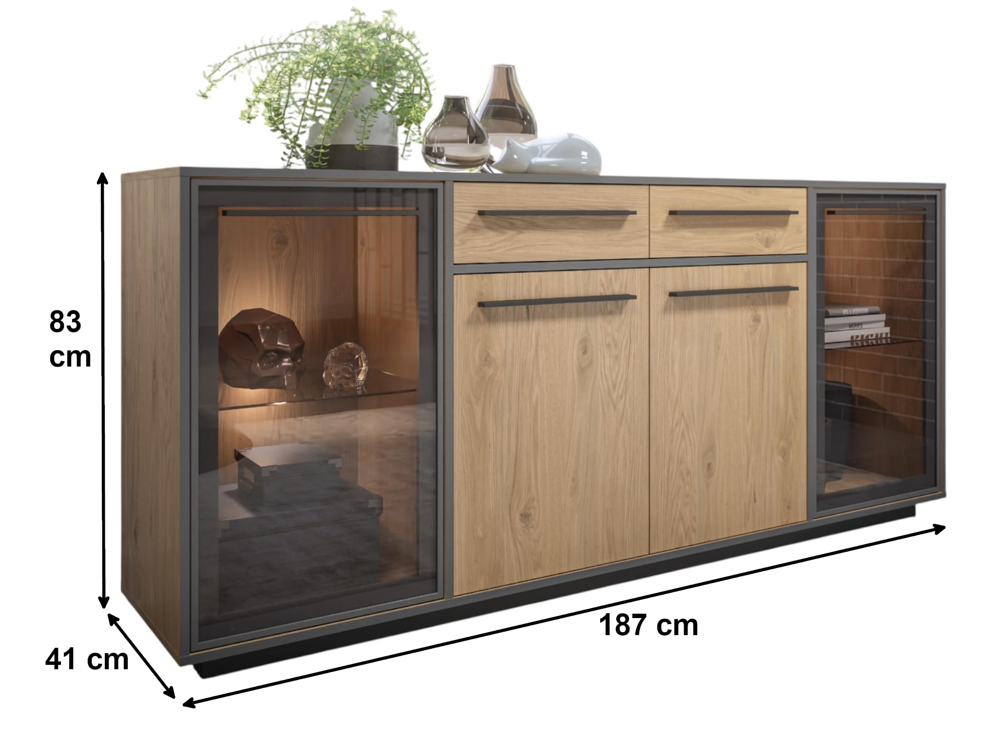 moebel-dich-auf Wohnwand Nardo in Wildeiche Verschiedene Board-Sets, Lowboard, Sideboard, Braunglas, Softclose, inkl. LED-Beleuchtung