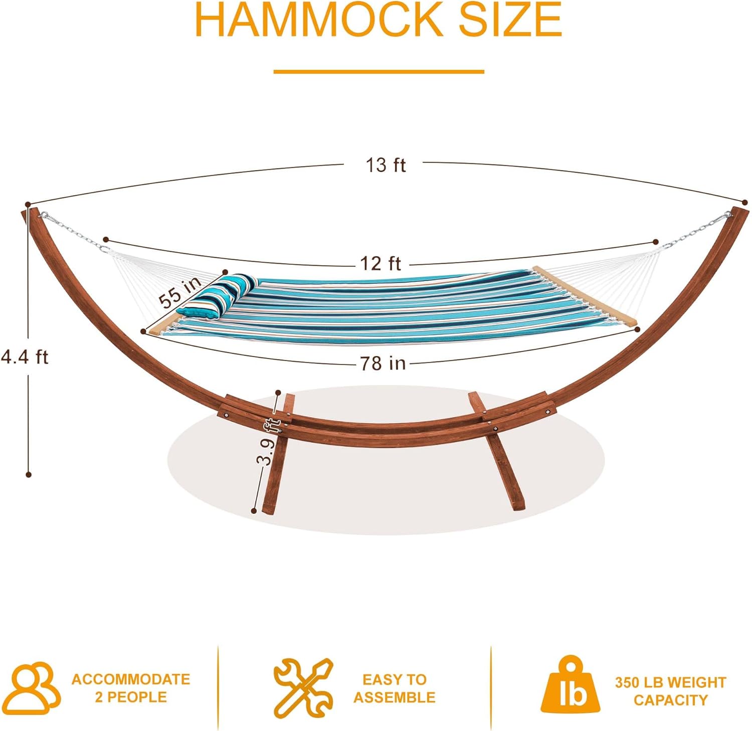 Lazy Daze 12FT Sunbrella Fabric Hammock with 13FT Wood Arc Stand, Free Pillow Fits for Two Persons, All Weather and Fade Resistant for Patio Yard, 450 lbs Weight Capacity, Token Surfside
