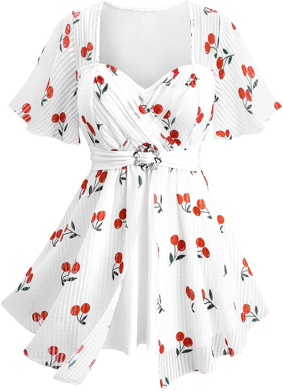 ROSE GAL Rosegal Women Plus Size Elegant Cherry Summer Blouse Flutter Sleeves Fruit Printed Blouse