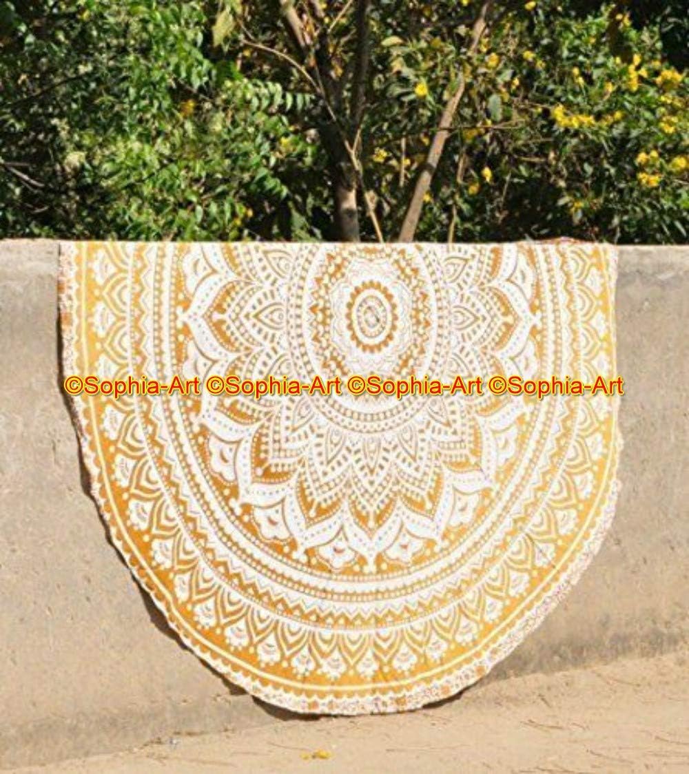 Sophia-Art Yoga Cotton Yellow Mat Tablecloth Tapestry Spread Circle Indian Mandala Gypsy Meditation Towel Hippie Rug Picnic Table Cover Beach Beach Round Blanket Mandala Round (Pattern008, 48 Inches)