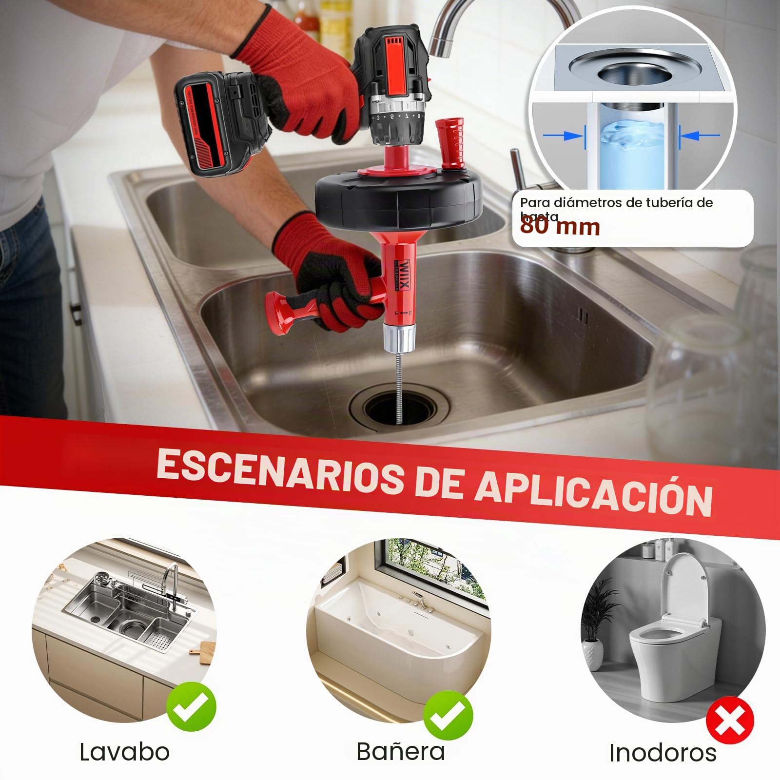 XIIW Desatascador tuberías 9,5m espiral flexible con adaptador - 2-en-1 manual y eléctrico - kit profesional limpiador de desagües - limpieza de tuberías para baño, cocina y balcón | Desatascador de desagües en espiral, desagües obstruidos, respetuoso con