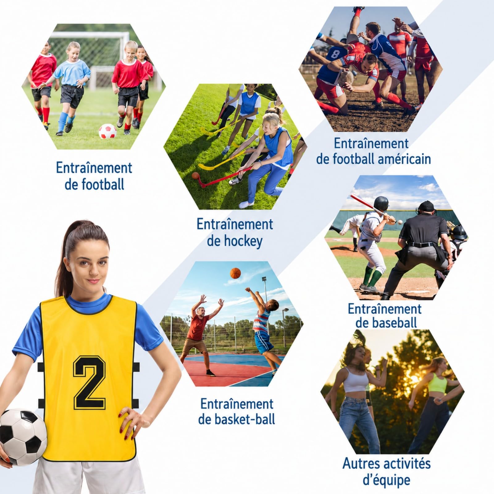 24 Chasubles de Football Numérotées pour Adultes – Dossards d’Entraînement Équipe en Polyester Respirant, Gilets de Match Réversibles pour Football, Basket, Rugby, Volley – Rouge & Jaune