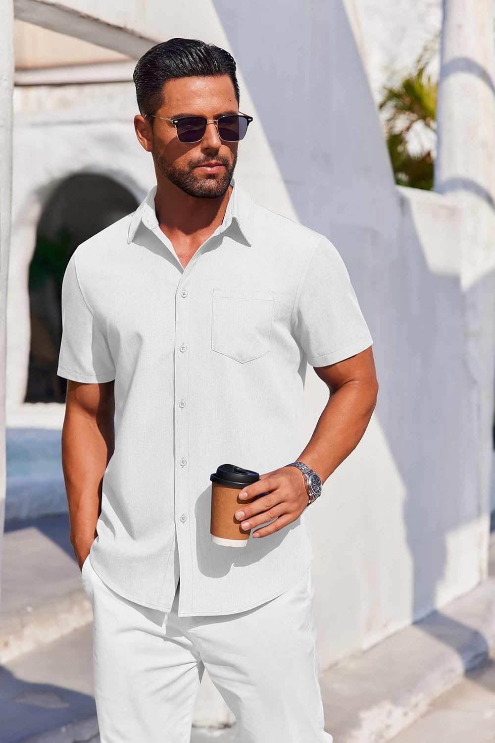 COOFANDY Mens Button Down Short Sleeve Shirt Casual Summer Stretch Denim Dress Shirts with Pocket - Image 3