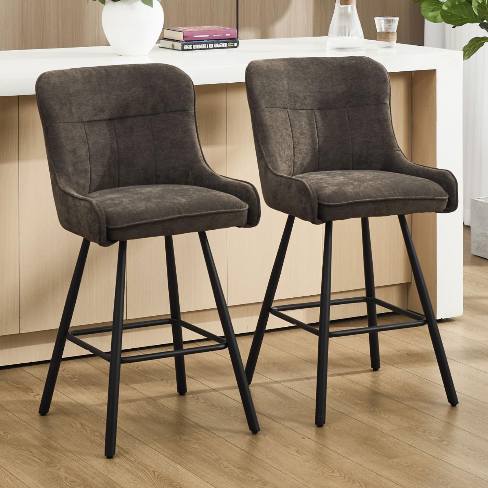 Ya-Home Bar Stools Set of 2 Chenille Upholstered Bar Chairs with Back and Metal Legs, Modern Counter Chairs for Kitchen Island, Brown