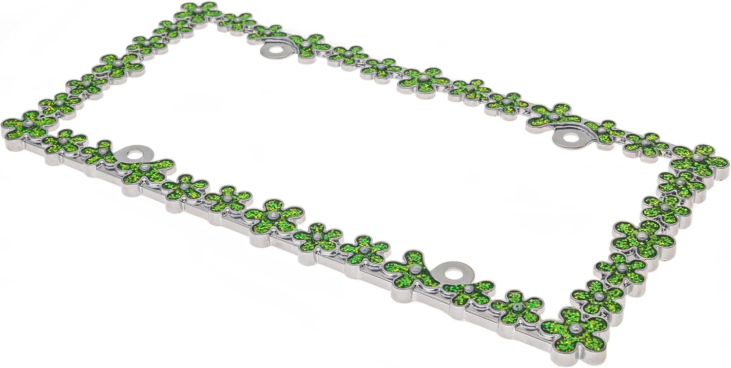 Creathome 3D Shining Daisy Wrenth License Plate Frame from Pure Zinc Alloy Metal Perfect Plate Holder, Chrome with Green image 4
