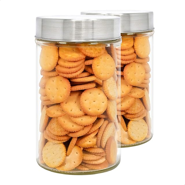 LG Luxury & Grace Set 2 Glass Jars with Lids, 0.9 L (17x10 cm). High Borosilicate Glass Jars. 201 Stainless Steel Screw Lids. Food Storage Containers.