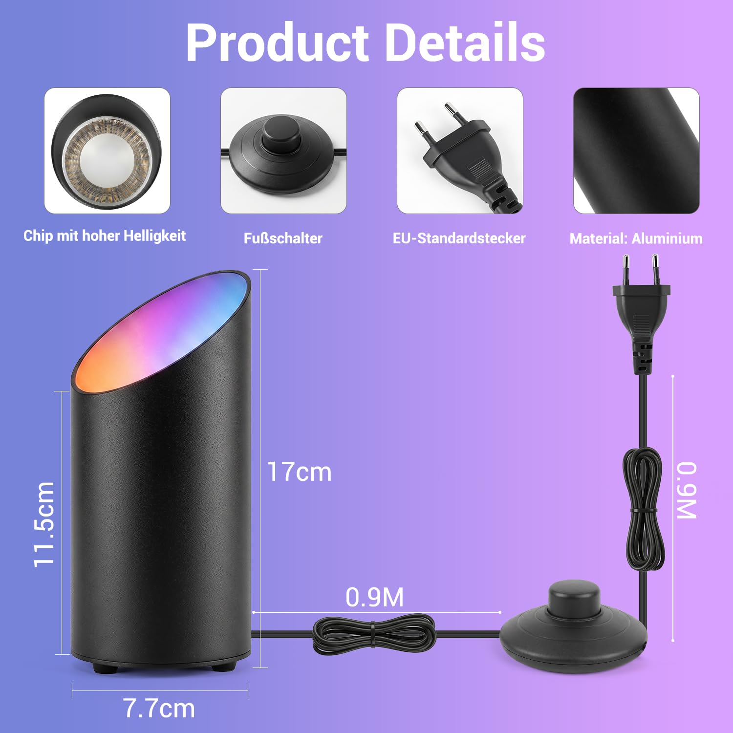8W RGBW LED Uplight Spot Regulable, Lámpara de Suelo con Mando a Distancia/Interruptor de Pie, Control mediante aplicación, Temporizador, Modo Música Para Interiores Plantas Murales, (negro, 2 Pack)
