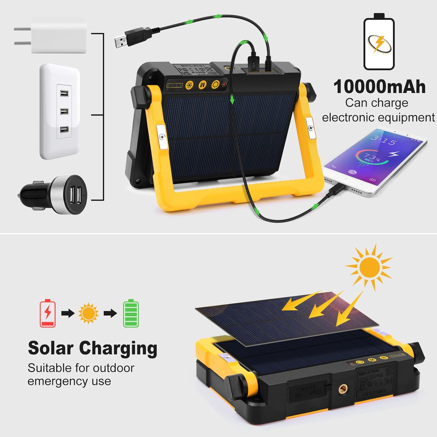 Linke Work Light charging a phone and showing solar panel