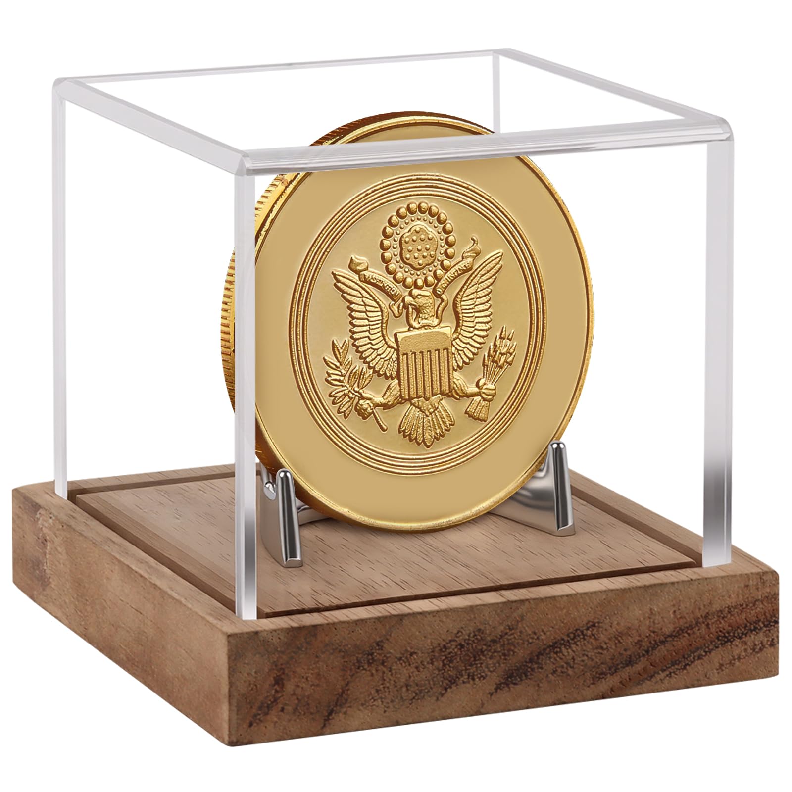 Clear Acrylic Coin Display Case with Wood Base &amp; Alloy Holder, Memorabilia Stand Cube Holder, Dust Protection Transparent Storage Box for Single Challenge Coin Souvenir Coin Collections