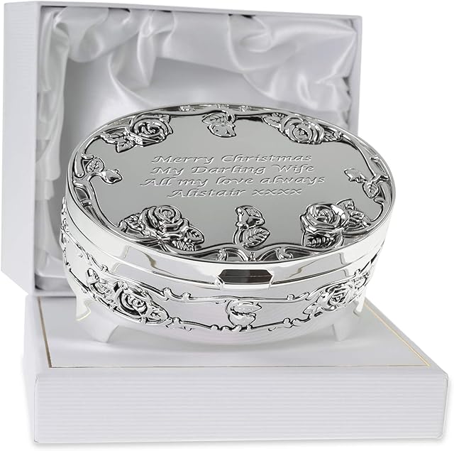 De Walden Wife Gift Engraved Silver Plated Rose Trinket Box in a Presentation Box Birthday Christmas Xmas Gifts
