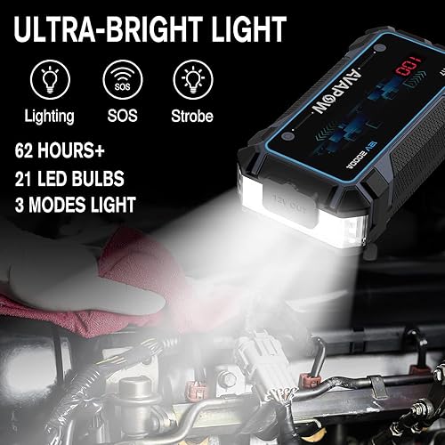 Miniatura 4 de AVAPOW Arrancador de coche de 2000 A pico de 16800 mAh cajas de salto para vehículos motor diésel de 12 V 8 litros paquete de batería de arranque de