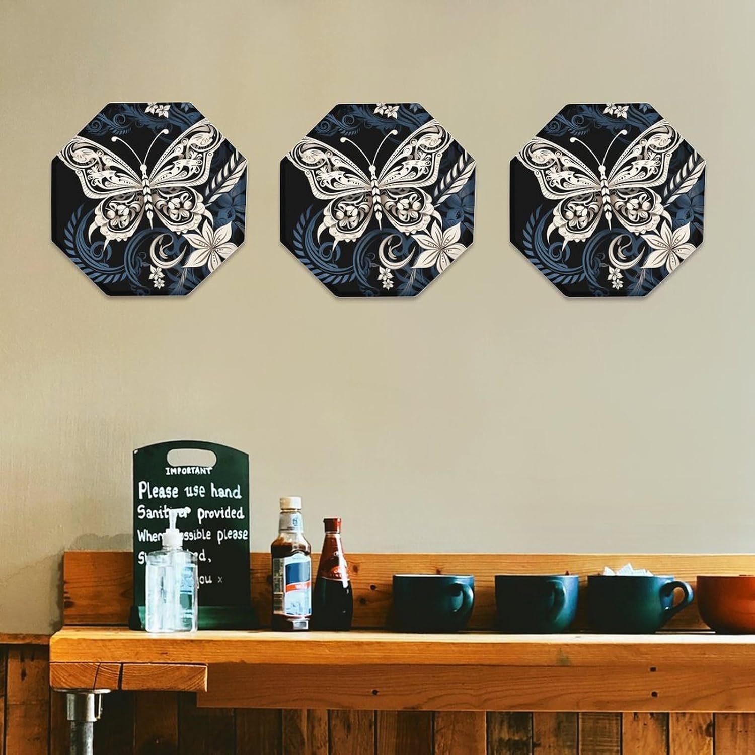Ctagon Metal Sign for Home, Modern Display Plate for Kitchen, White Butterflies And Tribal Plates Accent Hanging Wall Decorations 3PCS for Living Room, Bedroom, Hallway, Hotel