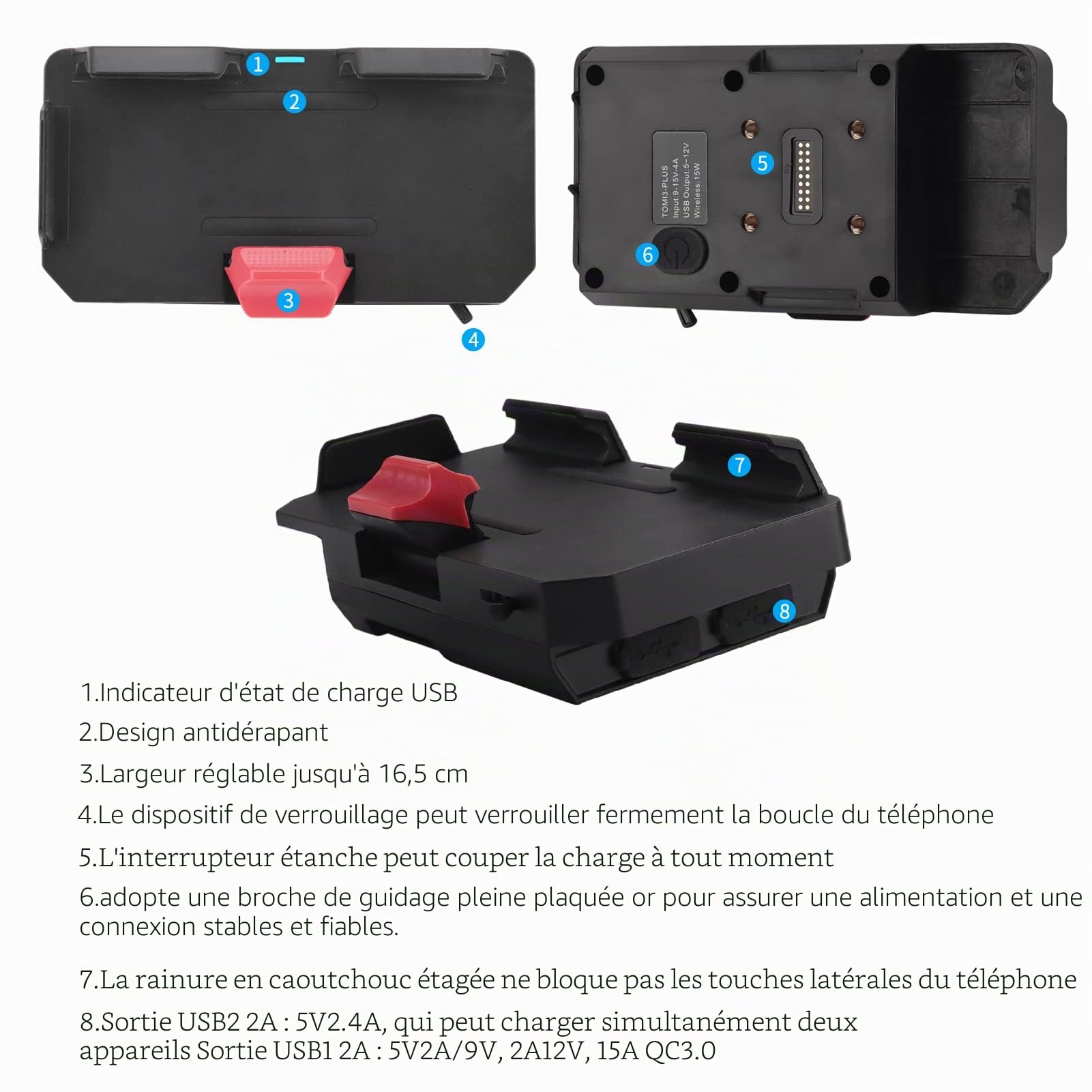 Shkalacar Support de téléphone portable pour moto, support de charge sans fil avec deux ports USB, remplacement pour BMW (nouvelle mise à niveau)