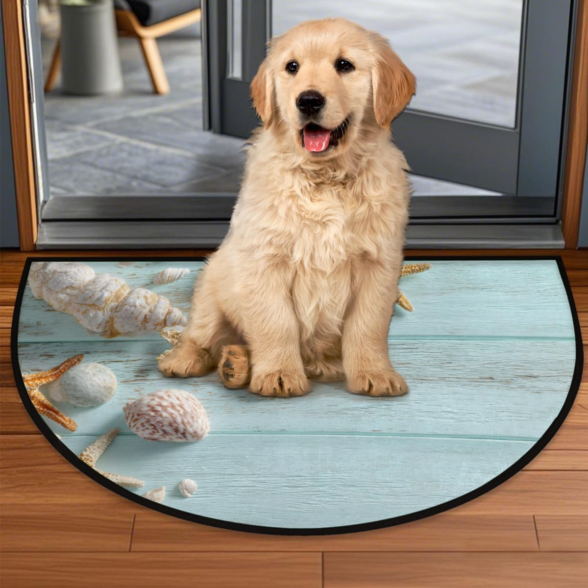 Half Round Door Mat Starfish Shells Wood Summer Anti-Slip Semi Circle Rug 24X36 Indoor Door Mat Half Moon Bath Mats, Washable Decorative Welcome Floor Mats for Kitchen Bathroom Hearth Fireplace,C-02