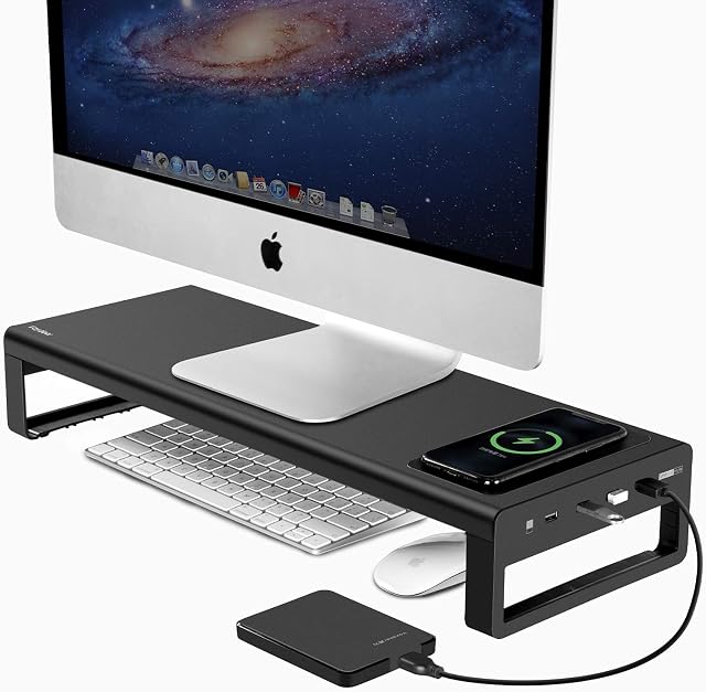 Vaydeer Monitor Stand with Wireless Charging and 4 USB 3.0 Ports, Metal Computer Stand Riser for Desk, Aluminum PC Screen Stand for Office, Laptop, Computer, iMac, Printer up to 32 Inches - Black
