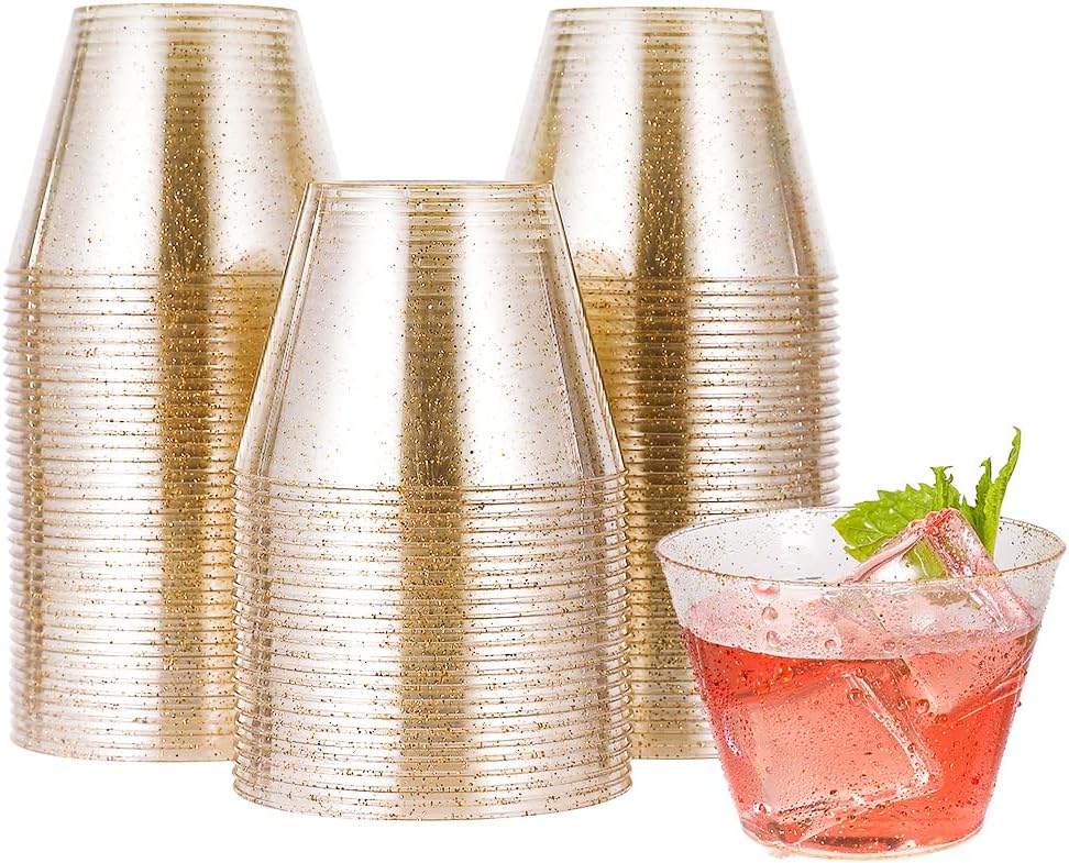 5 oz 100 Pack Small Glitter Disposable Cups, Glitter Plastic Cups, Disposable Plastic Shot Glasses for Parties, Plastic Cocktail Glasses, Wedding Tumblers,Perfect for Halloween Thanksgiving Christmas