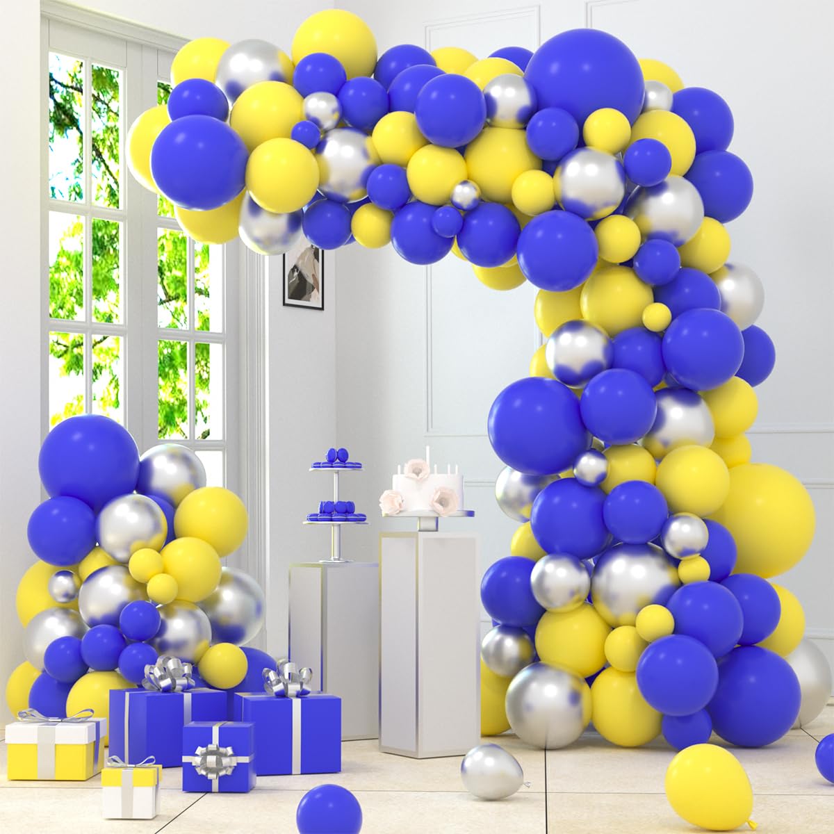 Blue Yellow Silver Balloon Garland Arch Kit - 12inch 10inch 5inch Royal Blue, Yellow, Metallic Silver balloons for Birthday Wedding Anniversary