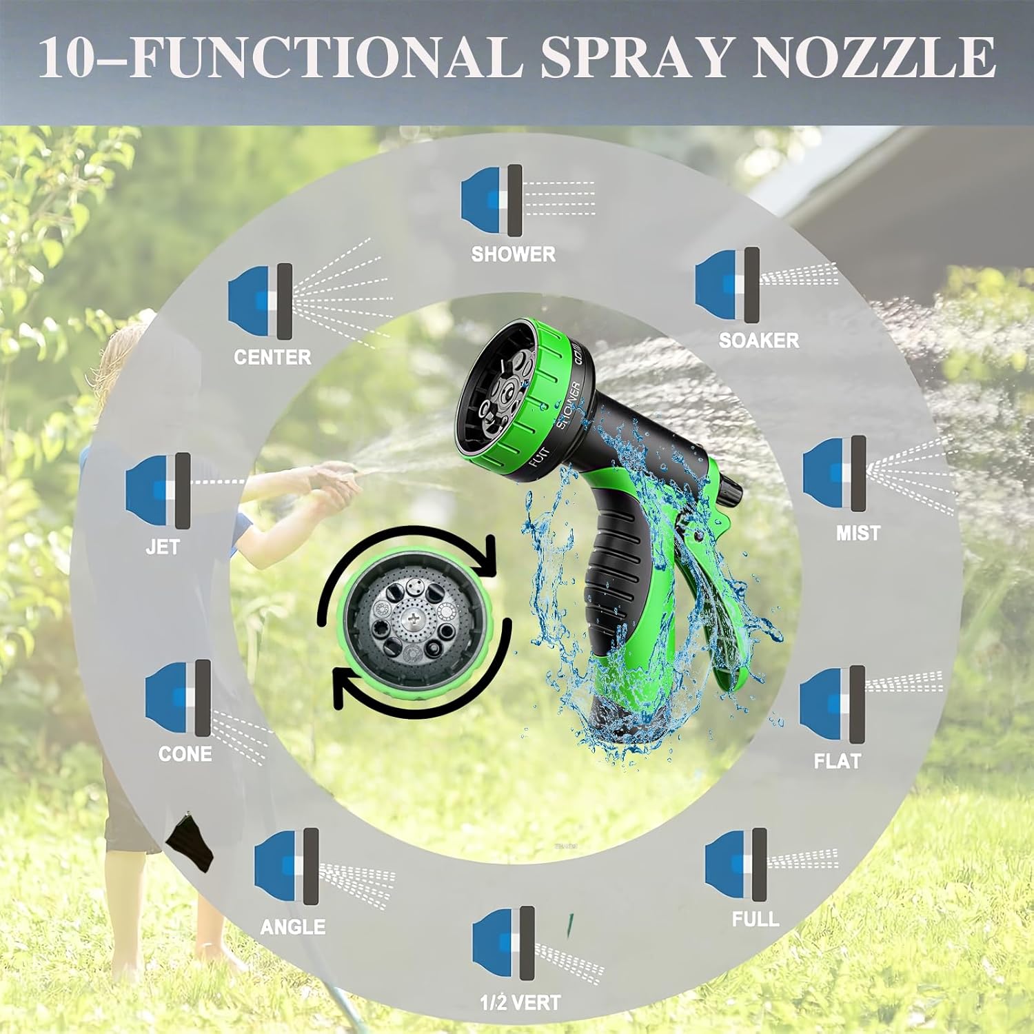 50FT Garden Hose - 10 Function Nozzle, Solid Brass Connector, High Pressure No-Kink for Car Wash & Yard