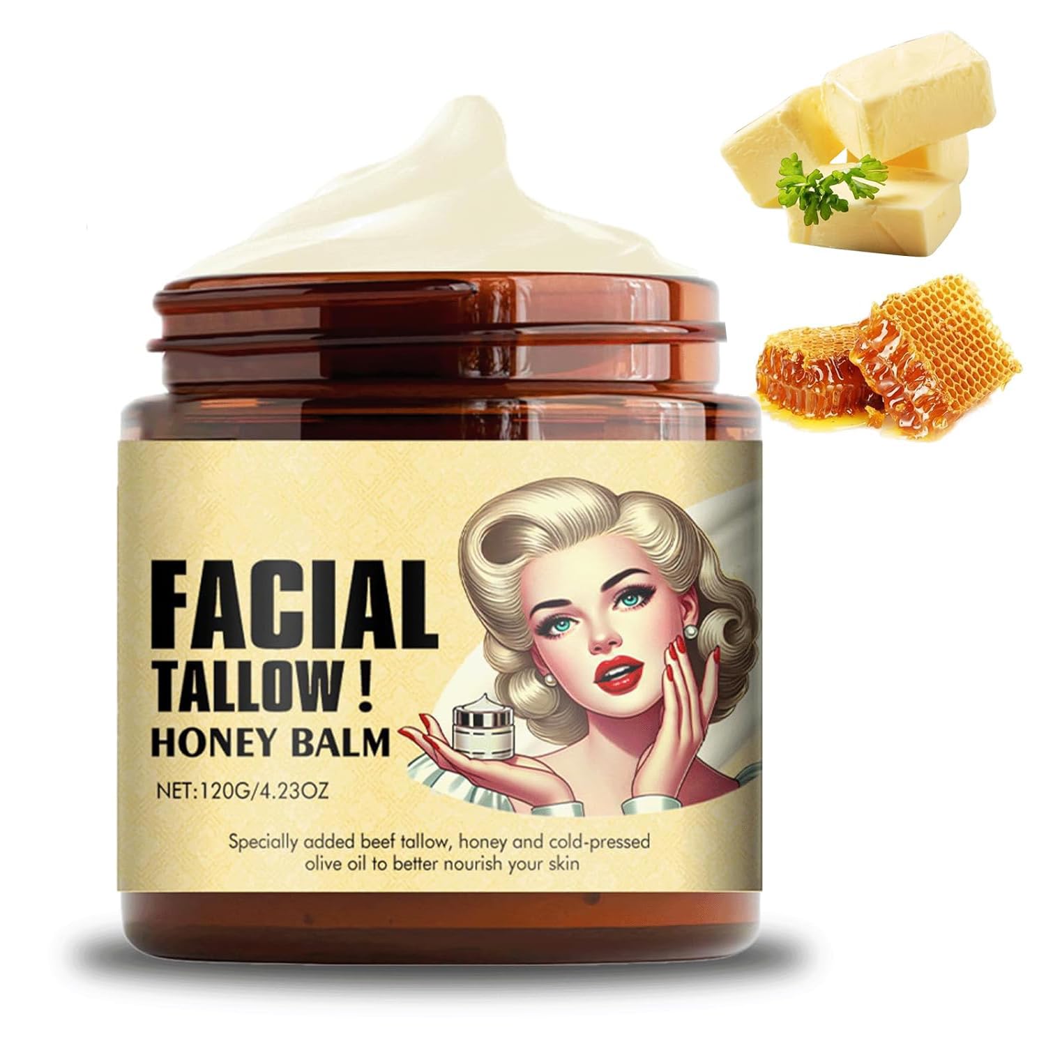 EXGYAN Whipped Beef Tallow and Honey Balm, Beef Tallow Balm for Skin Care Tallow and Honey Cream, Grass Fed Grass Finished Face Cream, Natural Moisturizer for Face & Body(1PCS*120g)