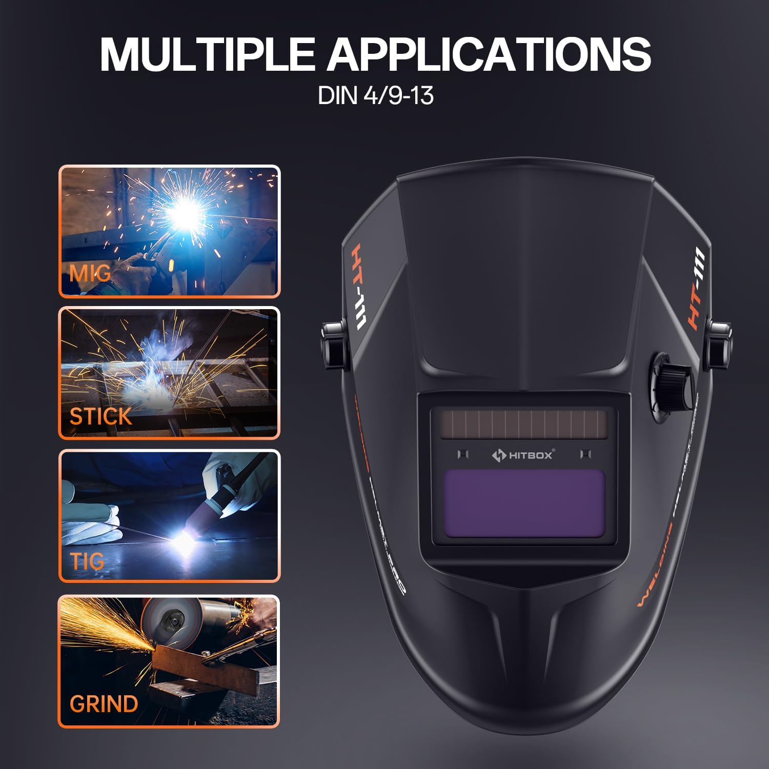 Image demonstrating the multiple welding applications for the HITBOX HT-111 helmet, including MIG, Stick, TIG, and Grind modes.