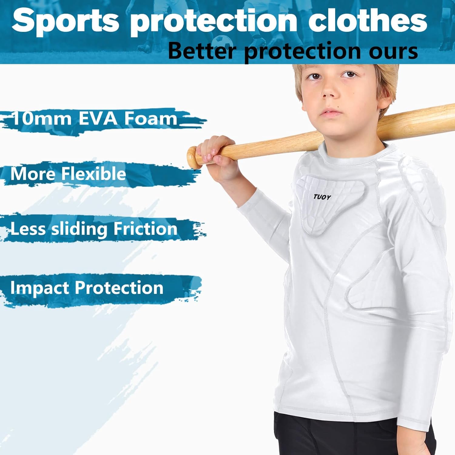 TUOY Youth Padded Chest Football Rib Protector Shirt for Baseball Martial Art Padded Compression Shirt Long Sleeve - Image 3