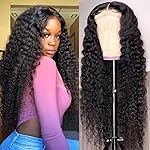 Lace Front Human Hair Wigs - Brazilian Virgin Water Wave Curly 4X4 Closure Wig for Black Women, 180% Density, Natural Color With Baby Hair (20 Inch)