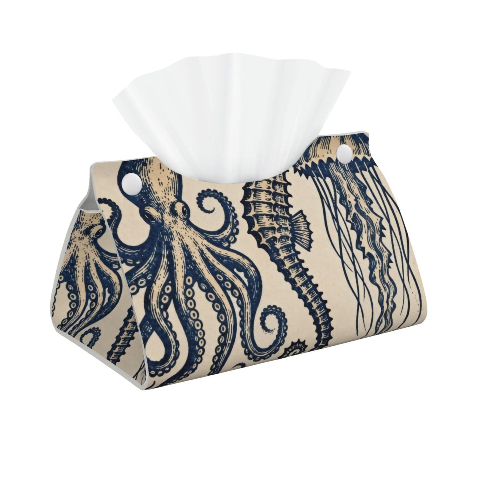 Ocean Creature Print Long Leather Tissue Box Cover-Waterproof PU Leather Tissue Holder for Bathroom, Decorative Rectangular Tissue Case