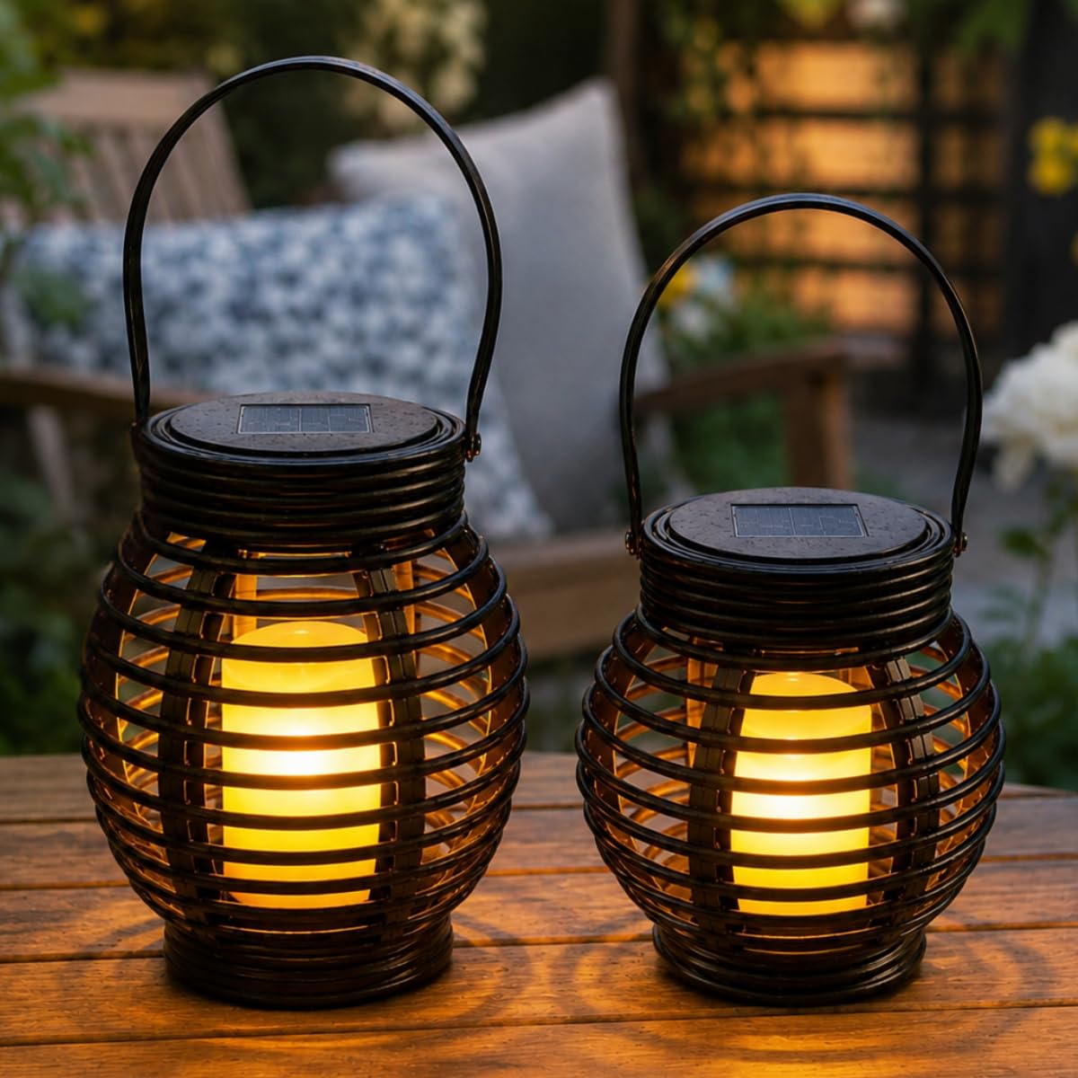 Festive Lights – Set of 2 Solar Rattan Lanterns – 17cm & 21cm Black Garden Decoration Cage Lanterns, Warm White Flickering Flame LED, Outdoor Hanging or Tabletop Lights, IP44 Waterproof