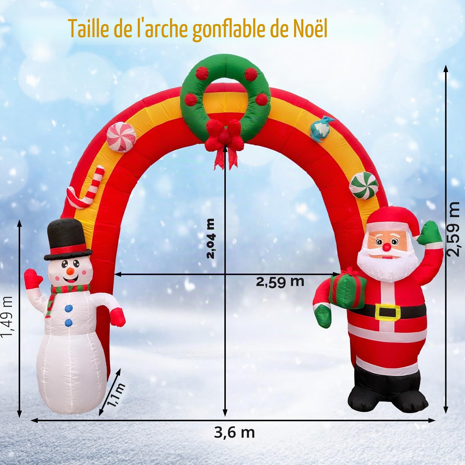 Arche de Noël gonflable de 11,8 m, Père Noël et bonhomme de neige, décoration extérieure avec lumières LED intégrées pour fêtes de Noël, intérieur et extérieur, pelouse et décoration d'hiver
