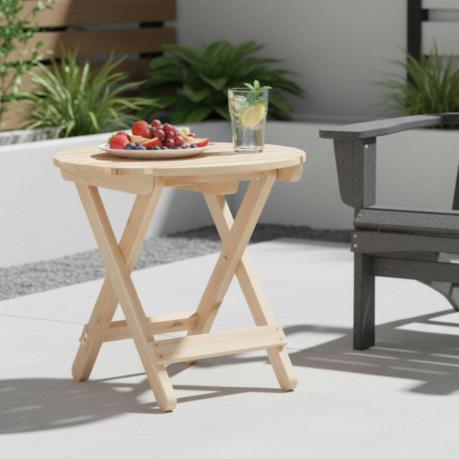 Shine Company Round Wooden Folding Solid Wood Side Table, Outdoor Adirondack Small Patio Table, Natural