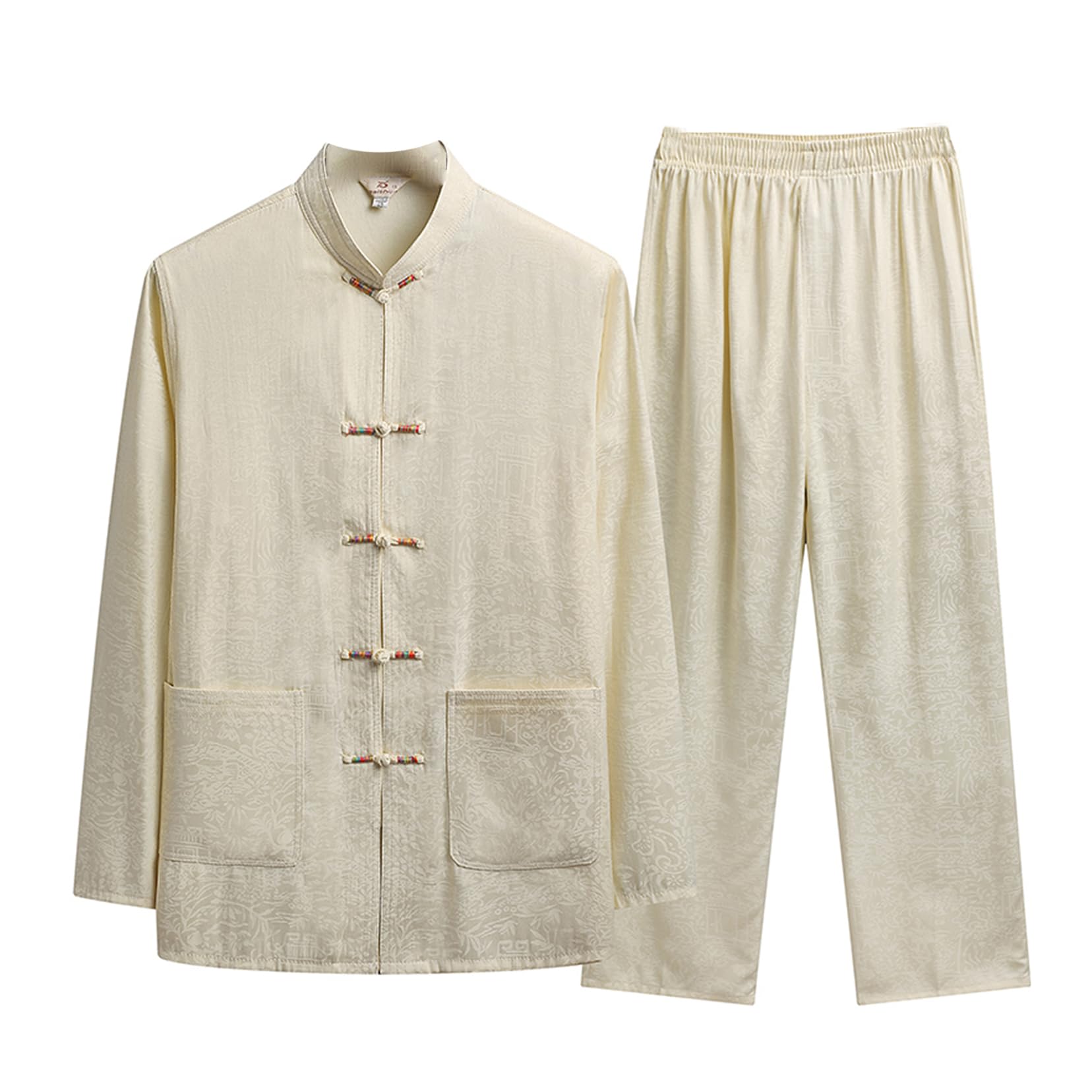 Tang Anzug Männer Tai Chi Uniformen Chinesische traditionelle Kleidung Kung Fu Langarm Mantel Tops und Hosen Beige-L