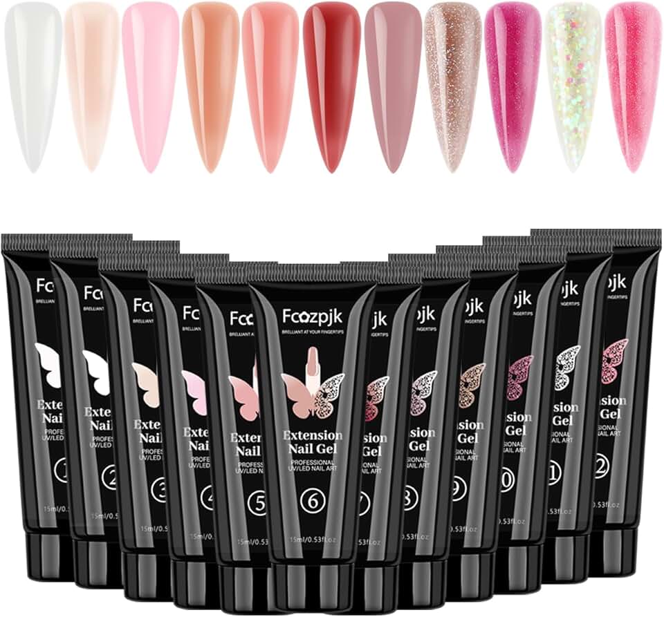 Fcozpjk Kit De Poly Gel Com 12 Cores, Branco Transparente, Rosa Nude Brilhante Com Glitter, Conjunto De Gel Construtor Para Extensão Rápida De Unhas, Suprimentos Profissionais Para Salão De Beleza