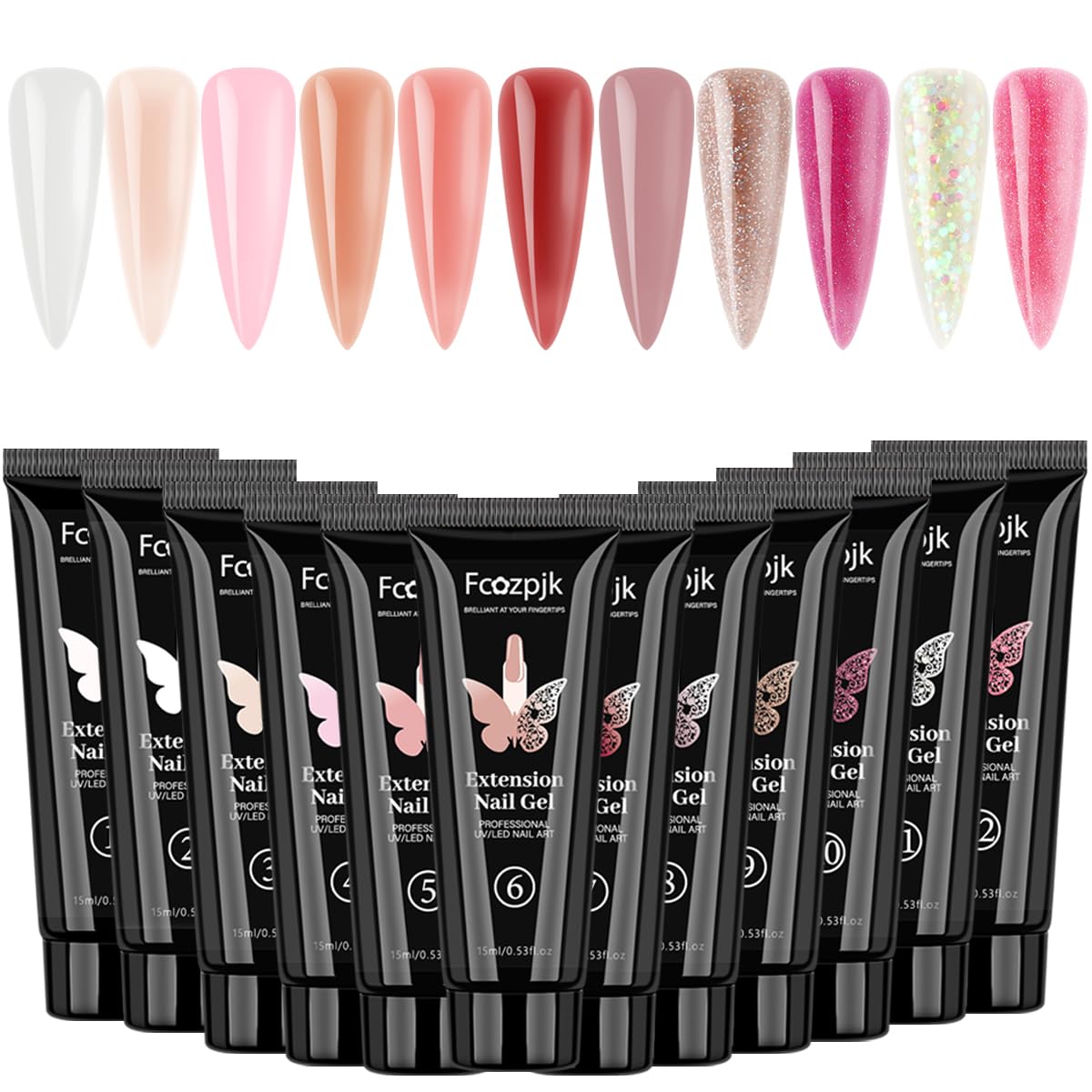 Fcozpjk 12 Colors Poly Gel Kit, Clear White Nude Pink Shiny Glitter Builder Gel Set, Quick Nail Extension, Professional Salon Supplies
